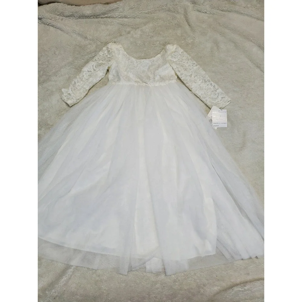 NWT David's Bridal White Tulle Lace Dress Girl 5 Flower Formal Wedding Occasion - Picture 3 of 10